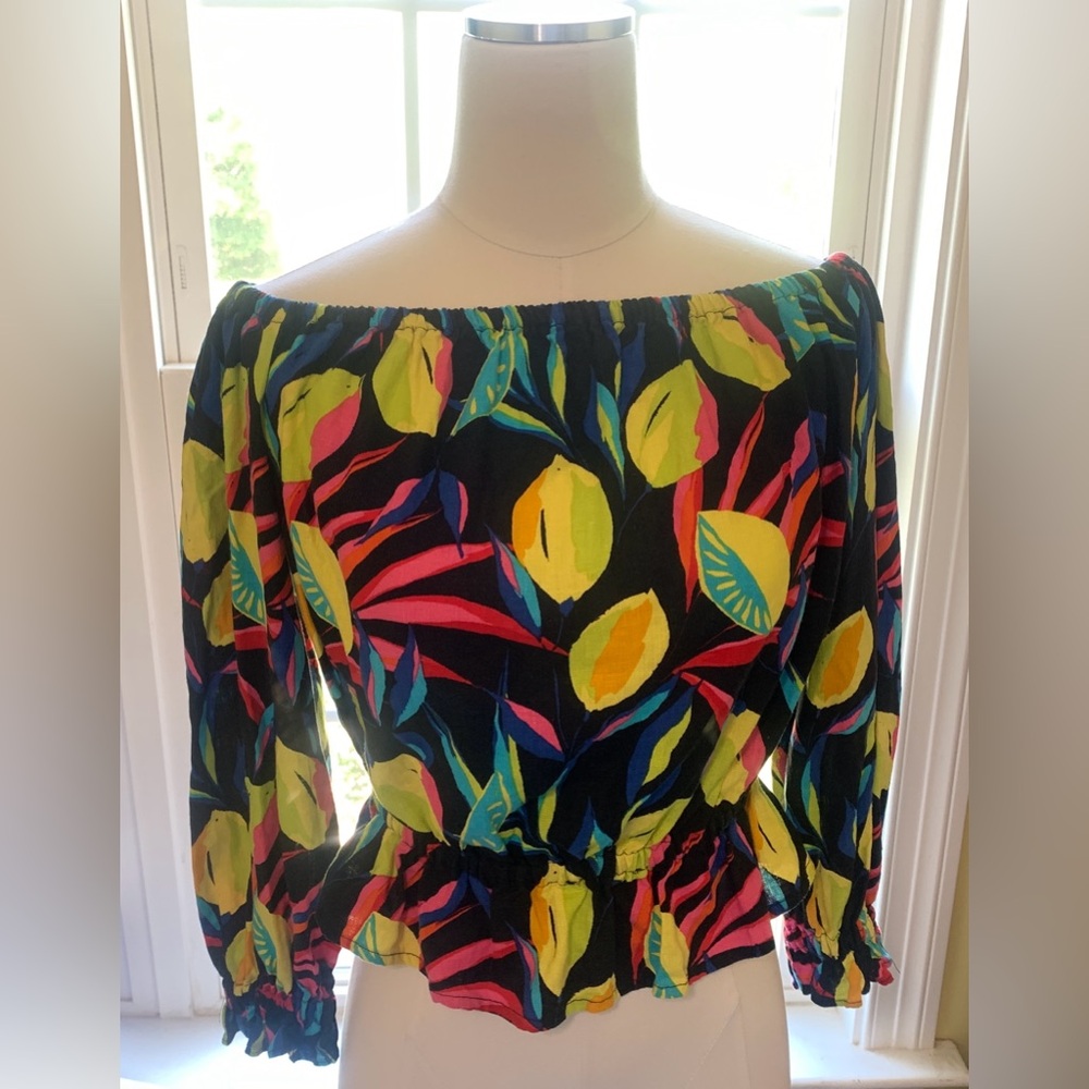 Tabitha Brown  S Off-Shoulder Peplum  Black Lemony 3/4 Sleeve, Linen Blend - Picture 5 of 7